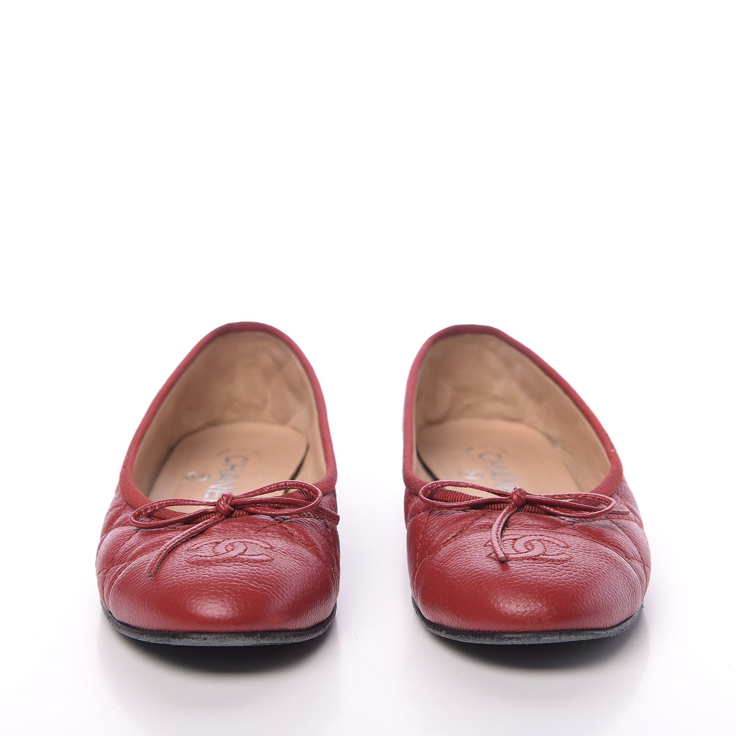 Chanel Caviar Quilted CC Cap Toe Ballerina Flats 37 Red 2 of 11