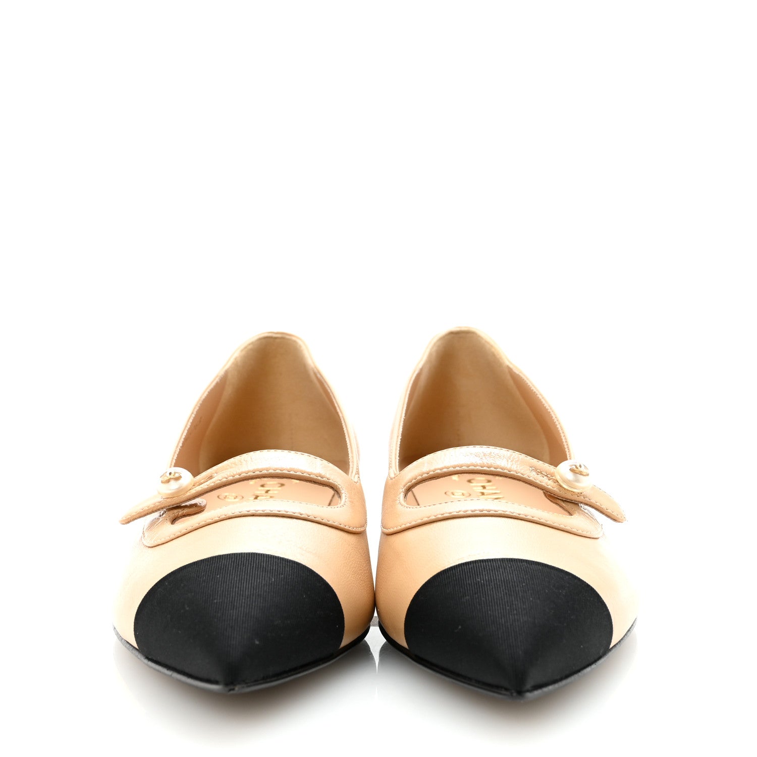 Chanel Lambskin Grosgrain Pointed Toe CC Ballet Flats 38 Beige Black 3 of 9