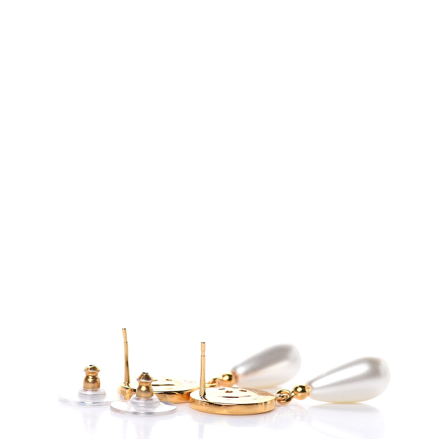 Chanel Metal Pearl Paris Button Drop Earrings Gold 3 of 4