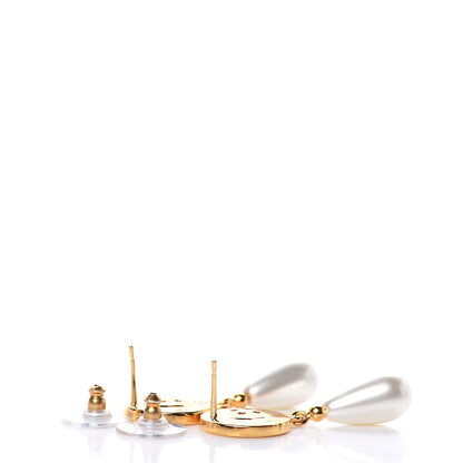 Chanel Metal Pearl Paris Button Drop Earrings Gold 3 of 4