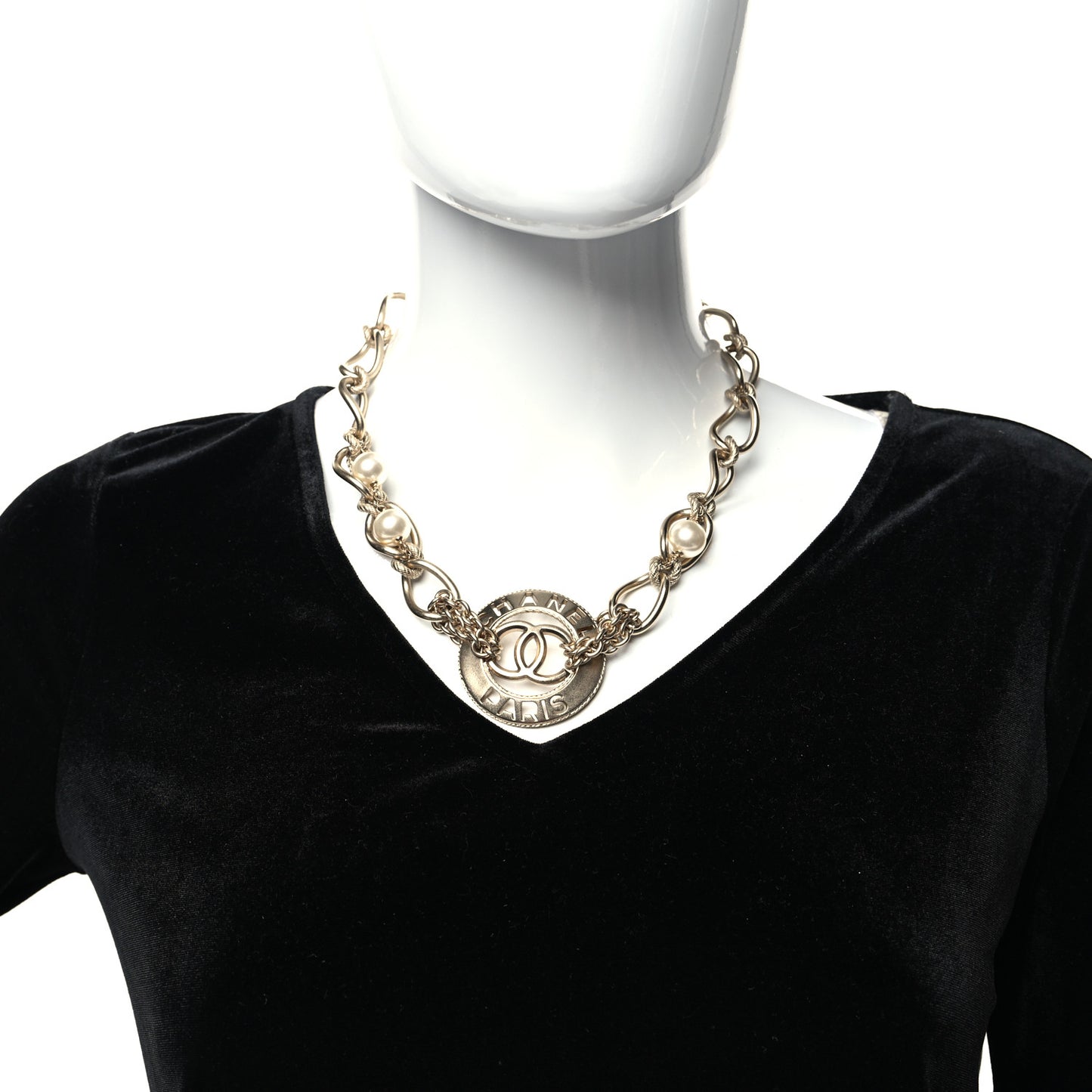 Metal Pearl Chain CC Paris Pendant Necklace Gold