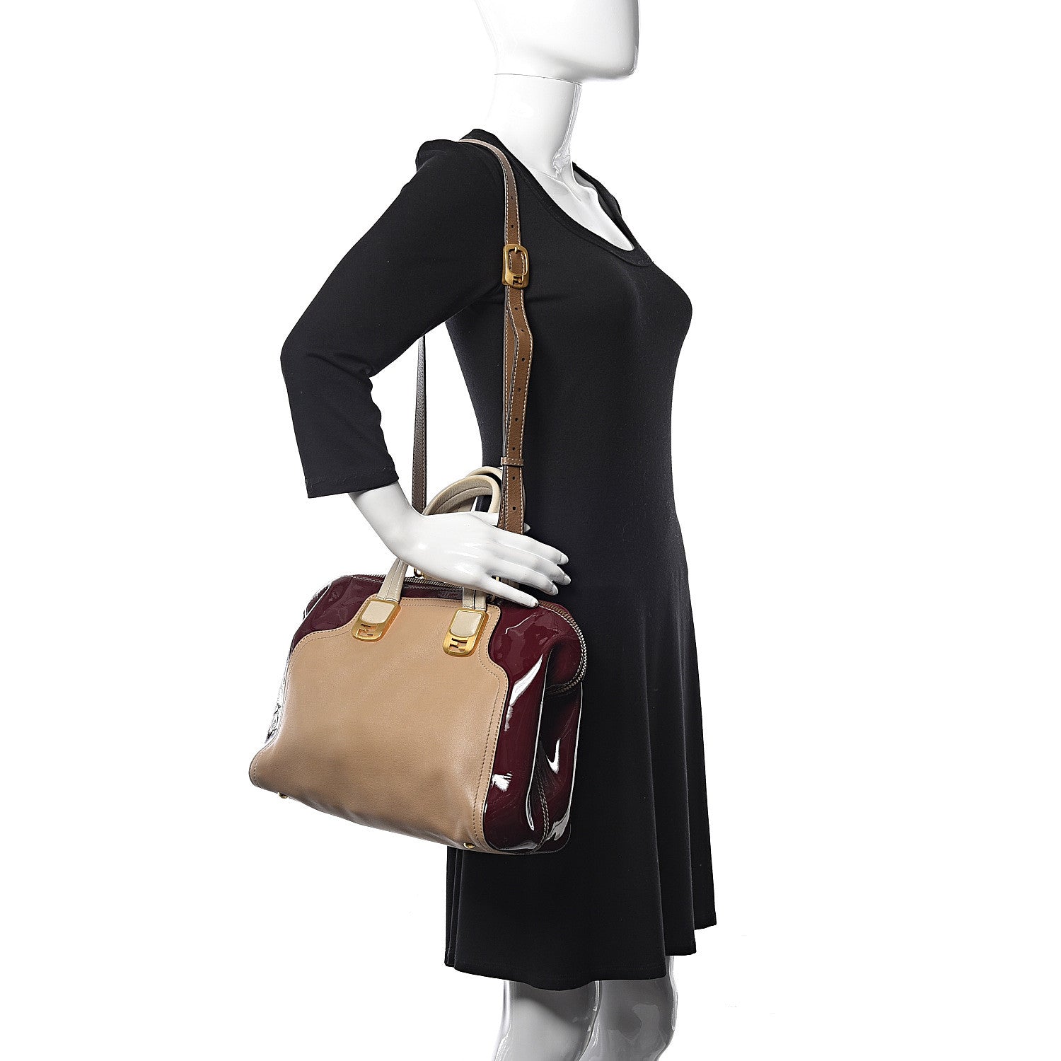 Fendi Calfskin Patent Small Chameleon Tote Cognac Bordeaux 2 of 12