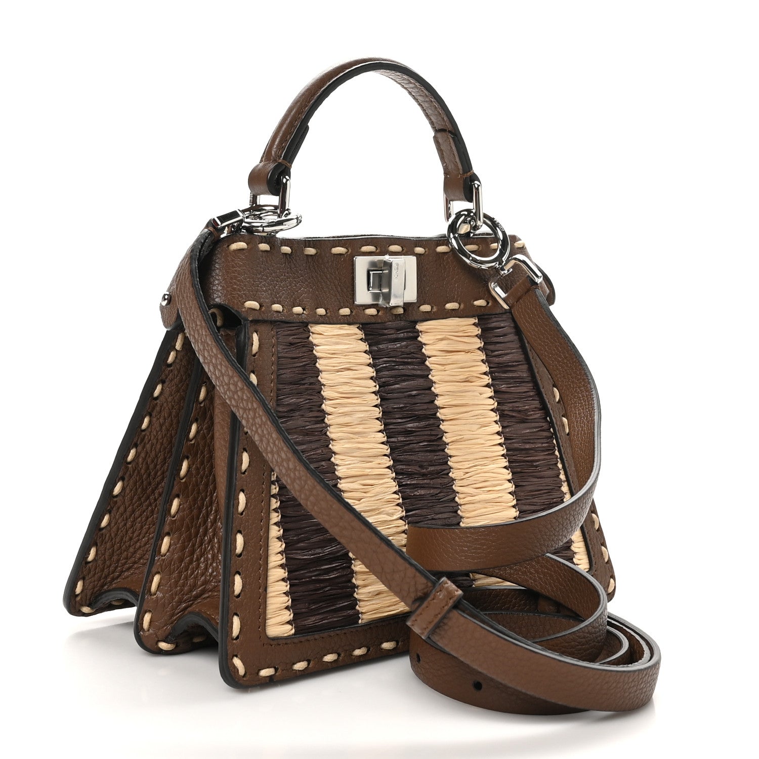Fendi Fabric Woven Cuoio Romano Selleria Petite Peekaboo I SEE U Satchel Natural Gianduia 3 of 9