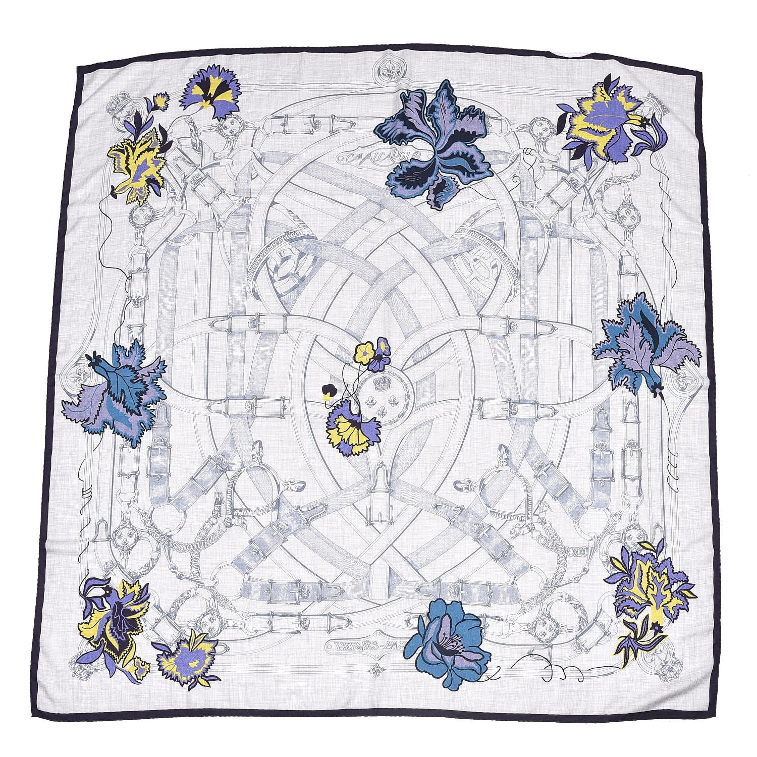 Hermes Cashmere Silk Cavalcadour Shawl 140 Gris Chine Juane Marine 1 of 6