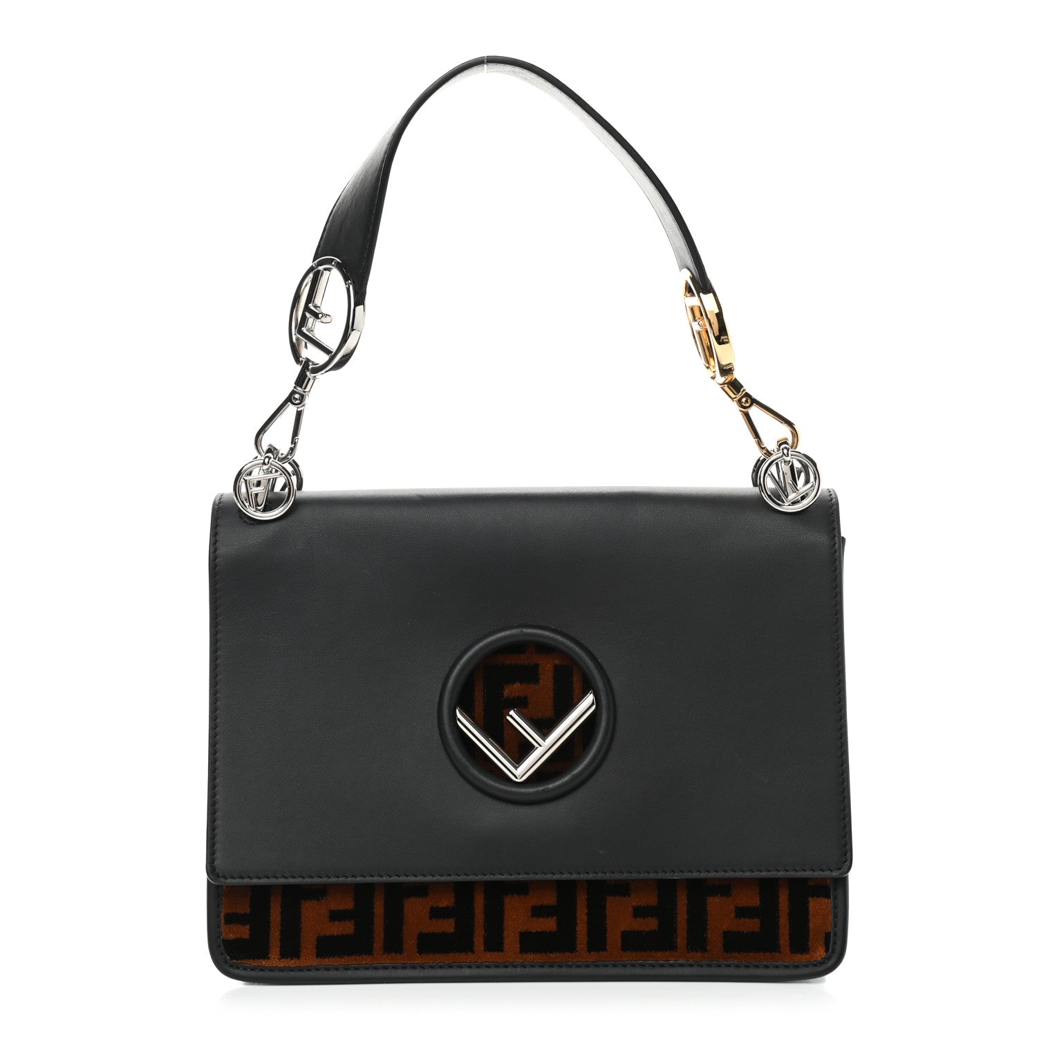 Fendi Vitello Century Velvet F is Fendi FF Kan I Shoulder Bag Black Tobacco 1 of 10