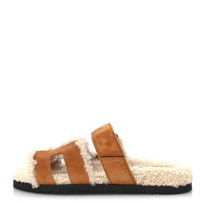Hermes Suede Goatskin Woolskin Womens Chypre Sandals 37 Brun Fume Ecru 1 of 11