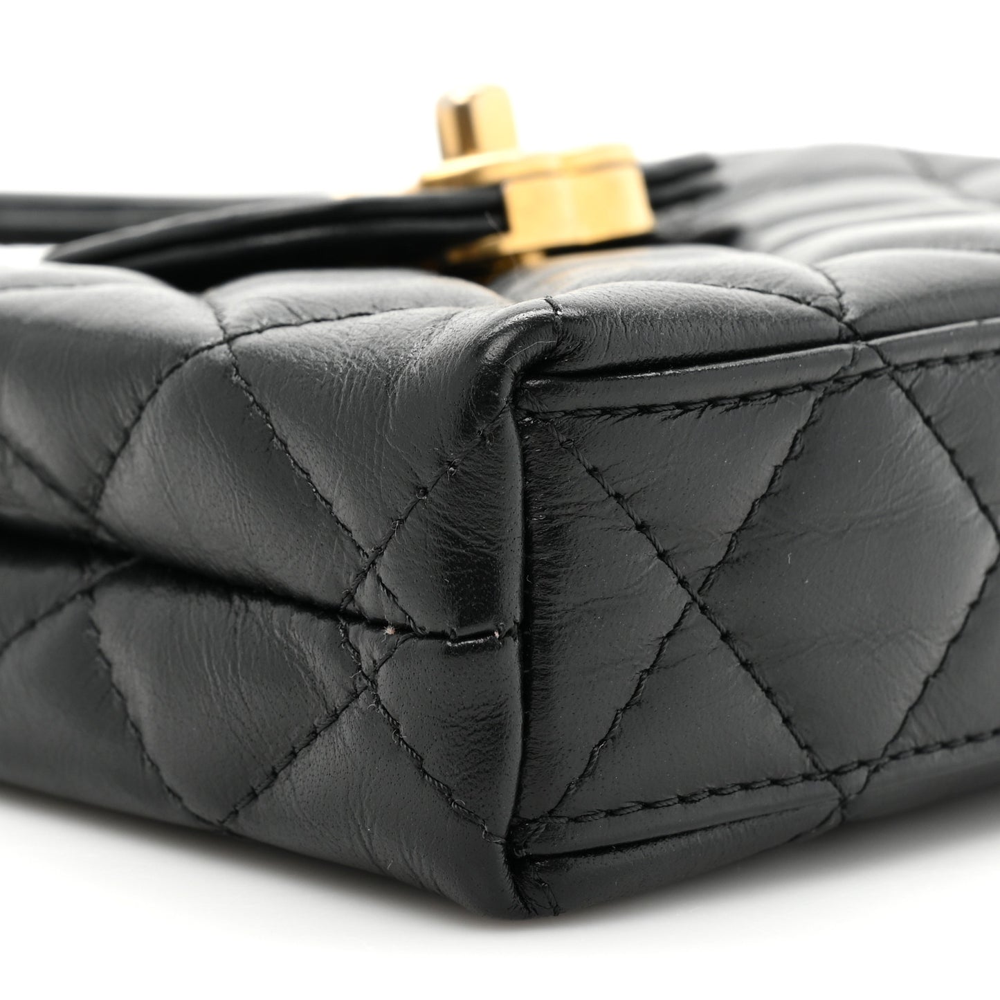 Shiny Aged Calfskin Quilted Mini Nano Kelly Shopper Black