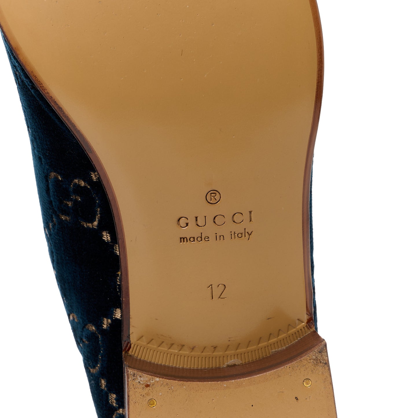 Velvet GG Monogram Goatskin Mens Horsebit Loafers 12 Blue Beige