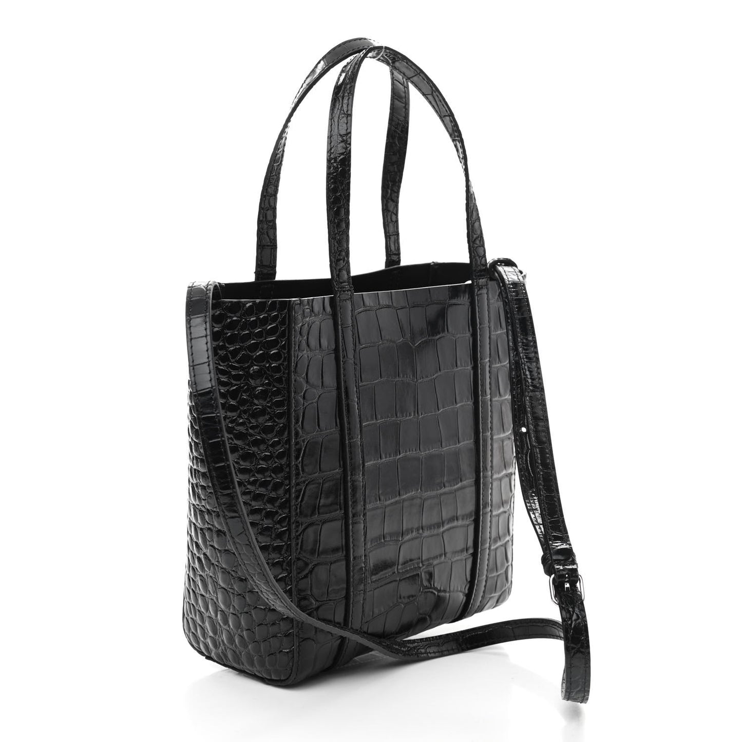 Shiny Calfskin Logo Crocodile Embossed XXS Everyday Tote Black