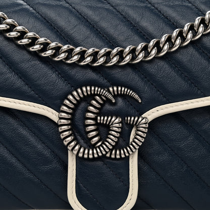 Gucci Vintage Effect Calfskin Matelasse Diagonal Small Torchon GG Marmont Shoulder Bag Blue Agata Mystic White 8 of 11