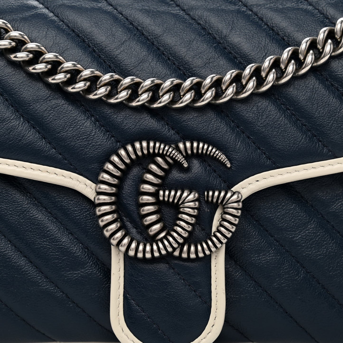 Vintage Effect Calfskin Matelasse Diagonal Small Torchon GG Marmont Shoulder Bag Blue Agata Mystic White