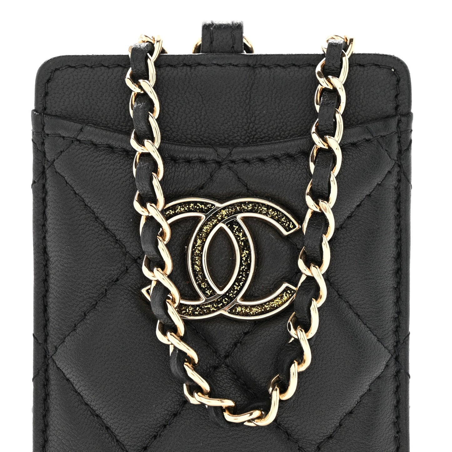 Lambskin Quilted Glitter Card Holder On Chain Black