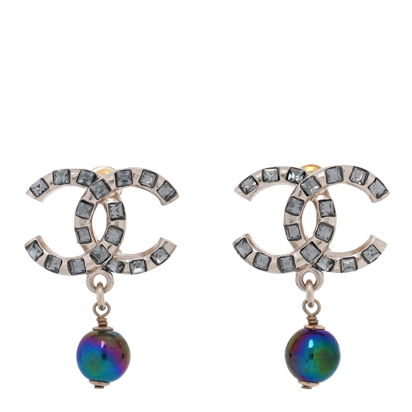 Metal Pearl Crystal CC Drop Earrings Gold Purple Gray