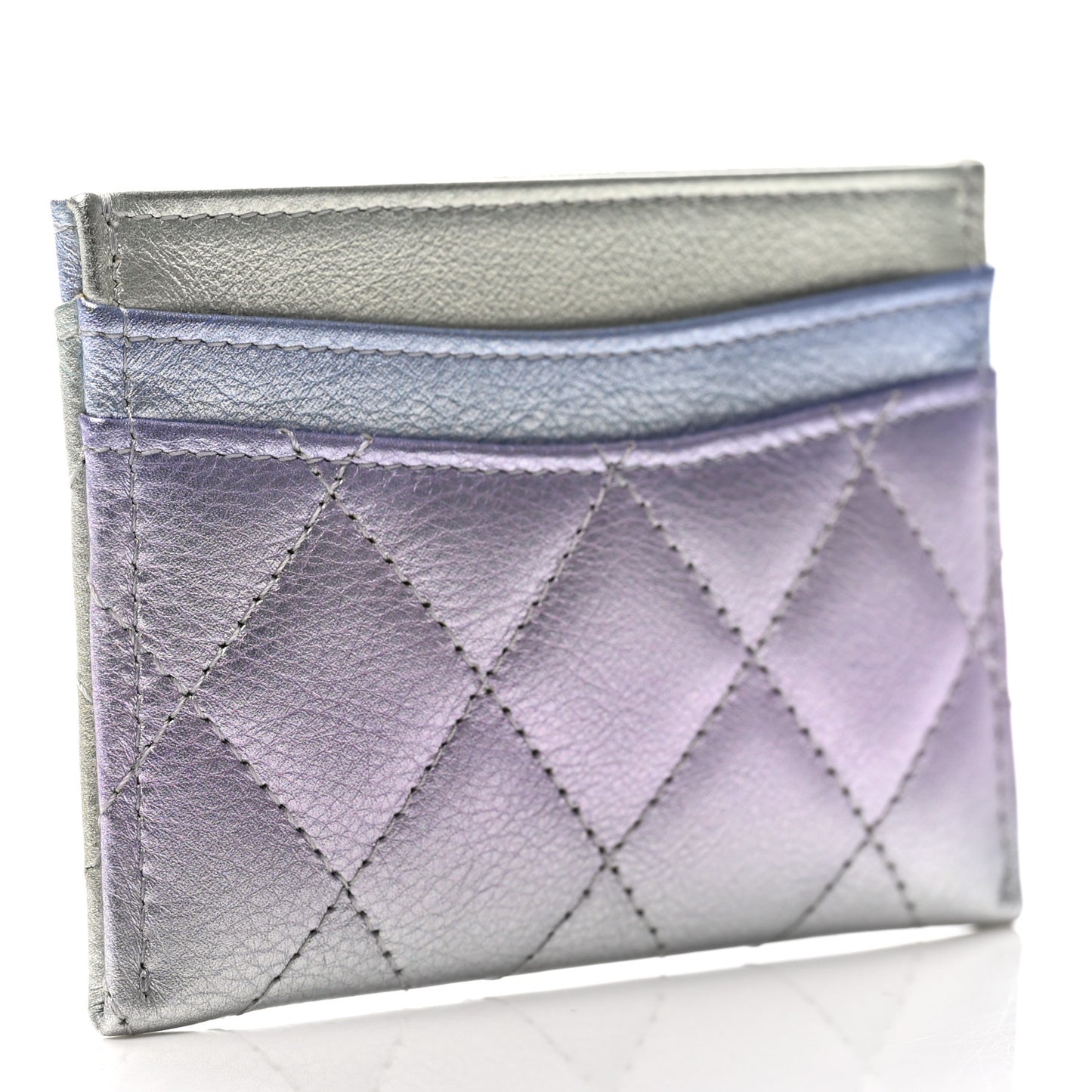 Gradient Metallic Calfskin Quilted Card Holder Silver Blue Yellow Purple