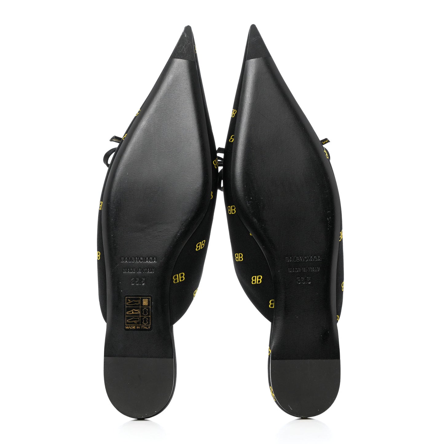 Crepe Satin BB Printed Pointy Toe Knife Flat Mules 36.5 Black Yellow