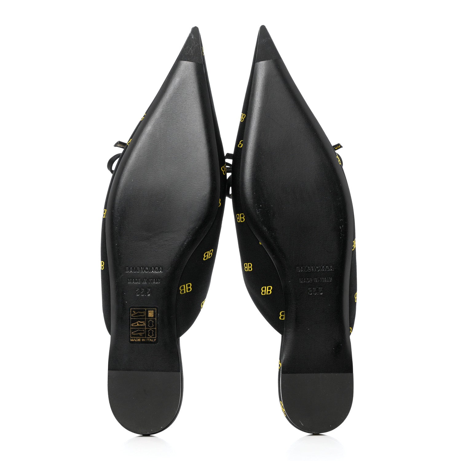 Balenciaga Crepe Satin BB Printed Pointy Toe Knife Flat Mules 36.5 Black Yellow 5 of 9