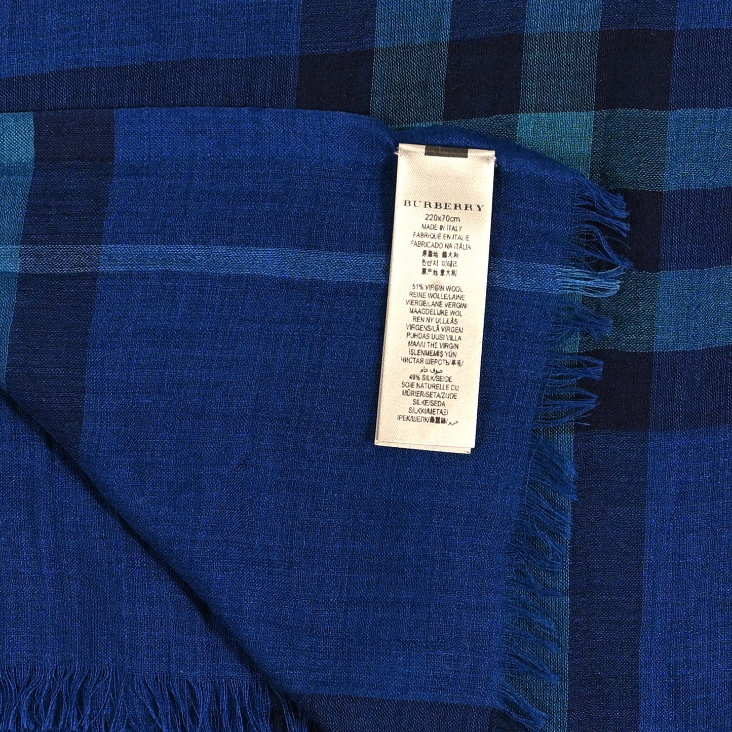 Wool Silk Check Fringe Scarf Blue