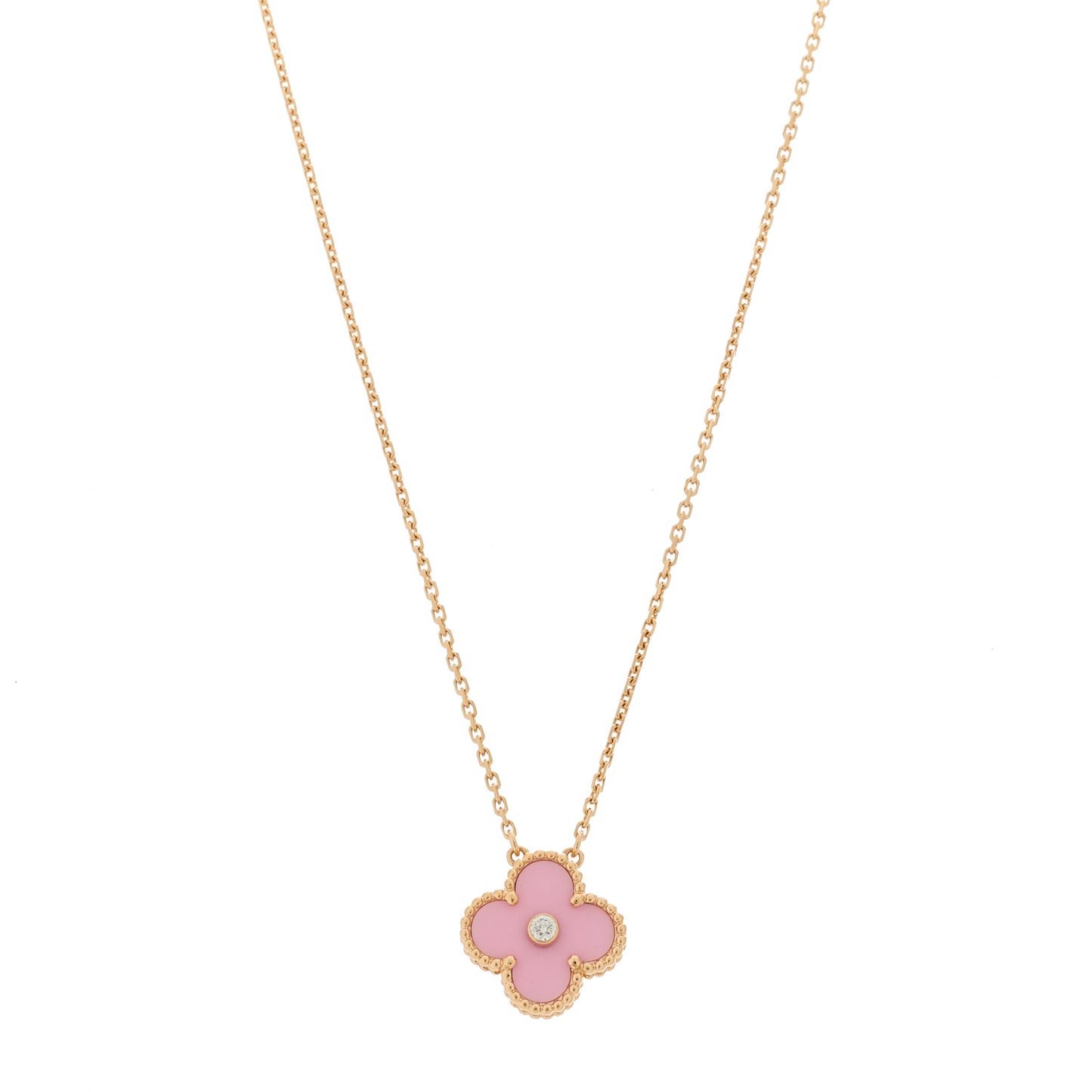 18K Rose Gold Diamond Pink Porcelain Vintage Alhambra Pendant Necklace