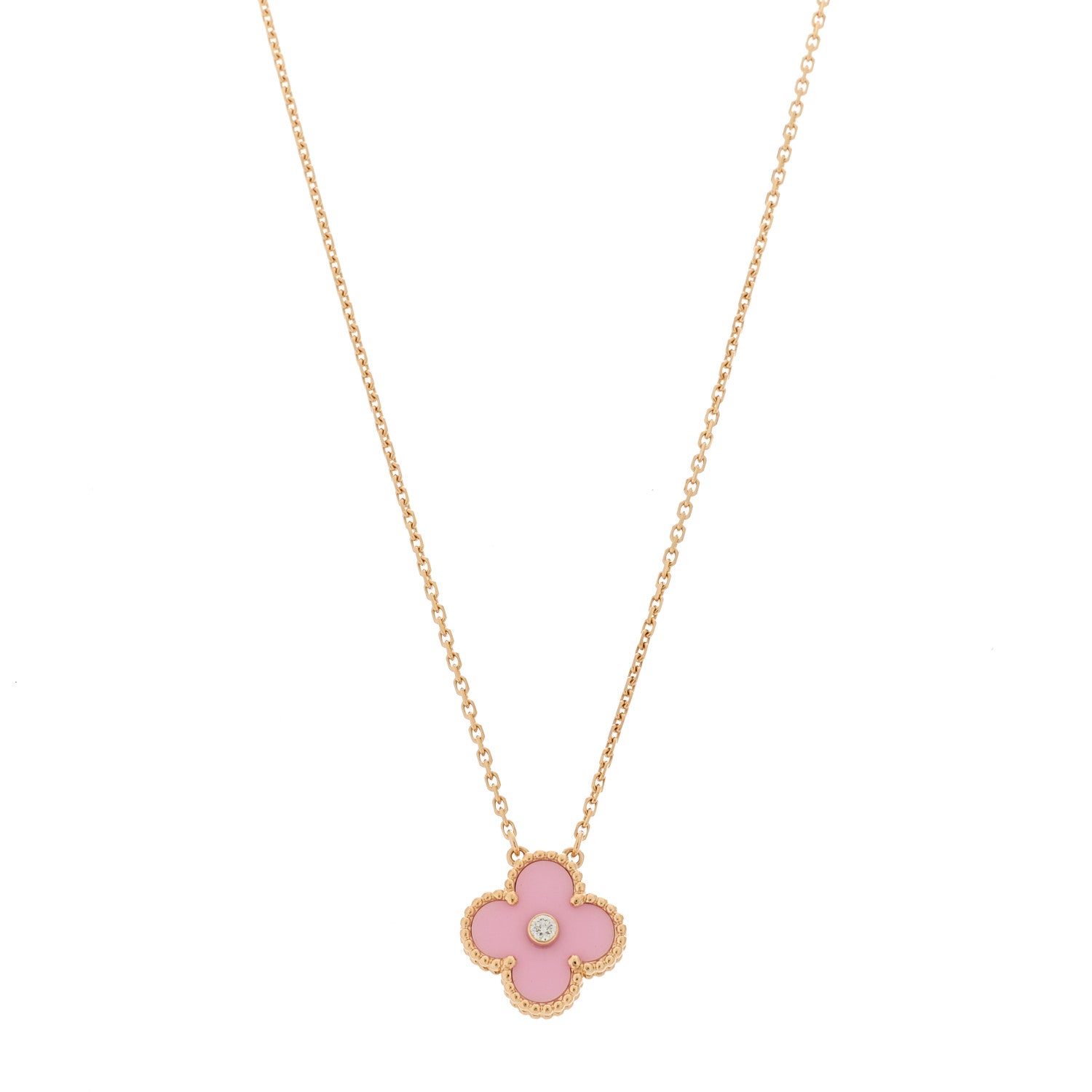 Van Cleef & Arpels 18K Rose Gold Diamond Pink Porcelain Vintage Alhambra Pendant Necklace 1 of 6