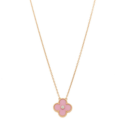 Van Cleef & Arpels 18K Rose Gold Diamond Pink Porcelain Vintage Alhambra Pendant Necklace 1 of 6