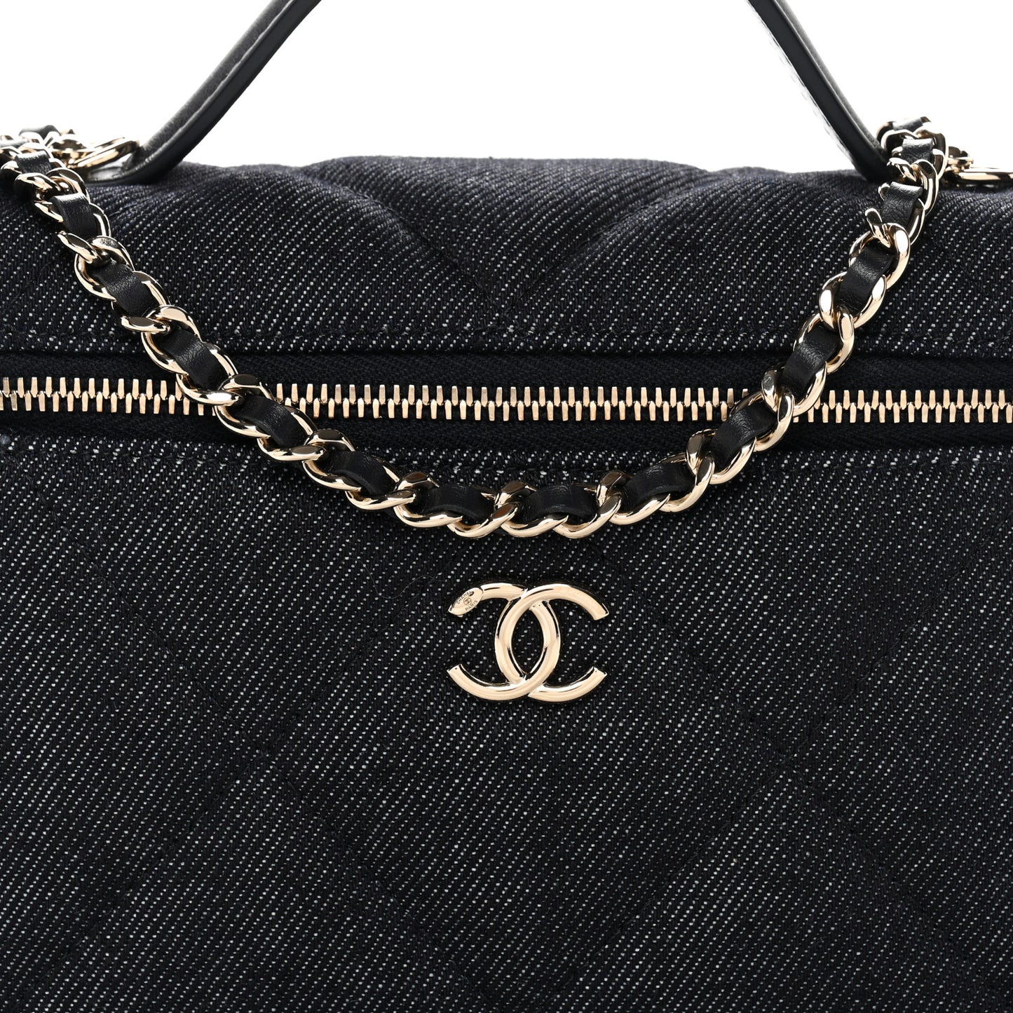 Denim Quilted Top Handle Slim Vanity Case With Chain Dark Blue