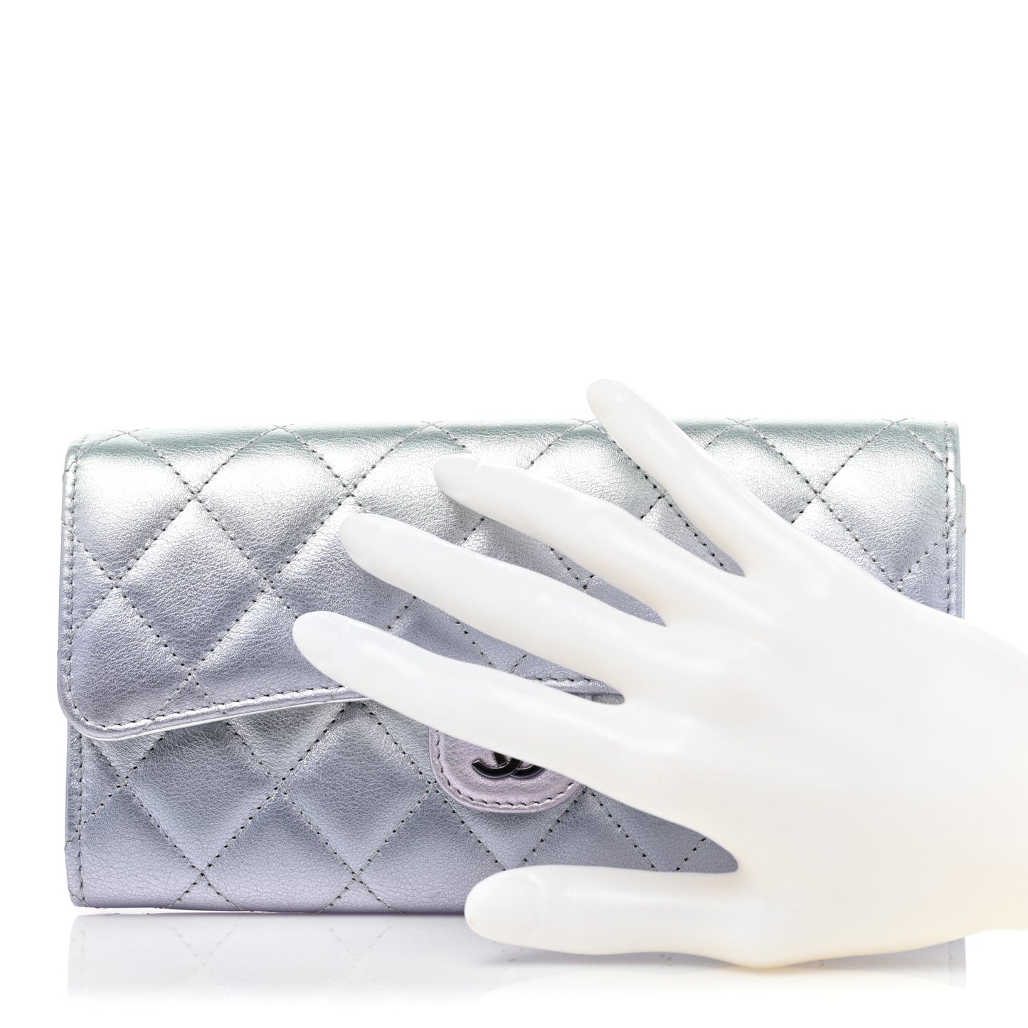 Gradient Metallic Calfskin Quilted Large Gusset Flap Wallet Silver Blue Yellow Purple