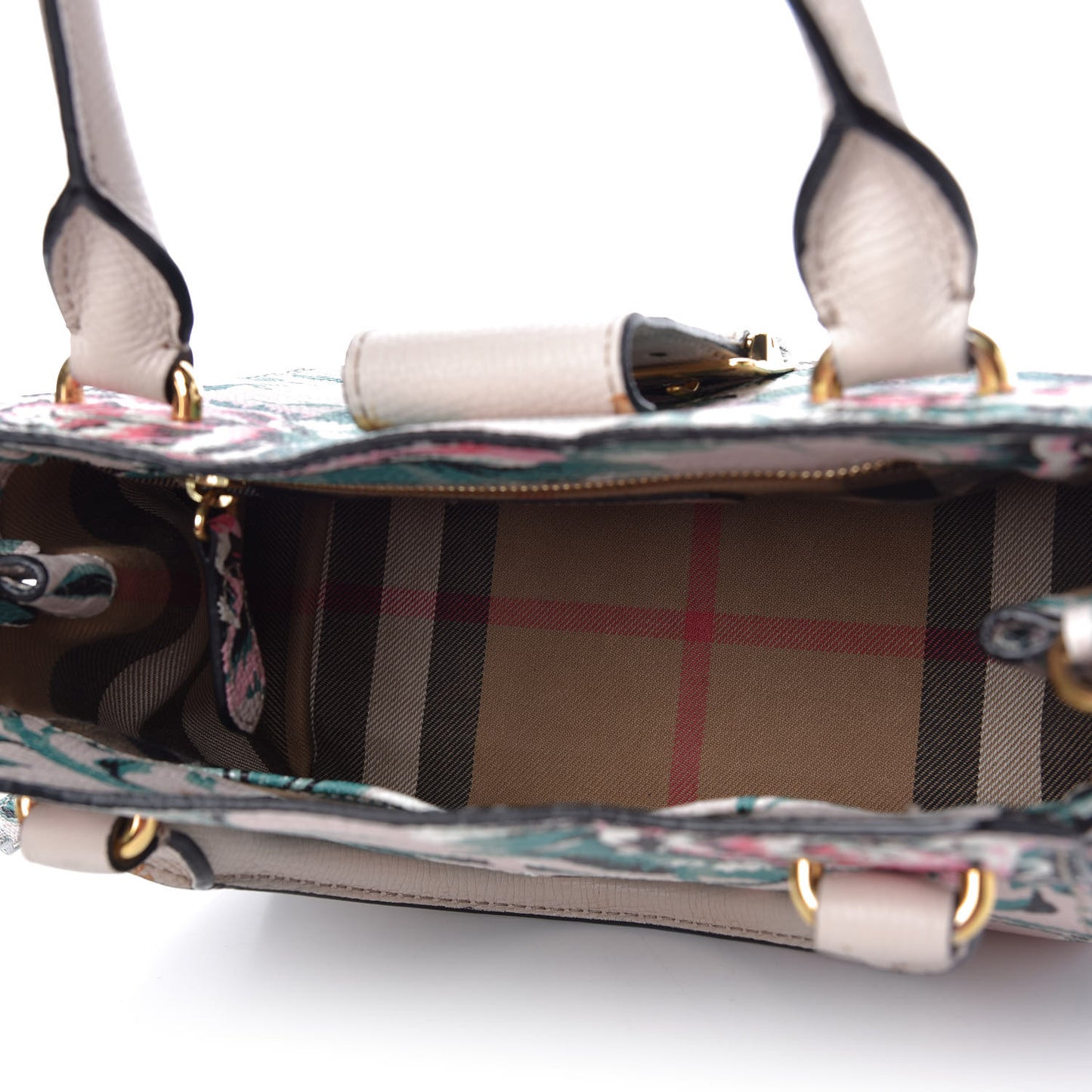 Soft Grain Calfskin Floral Print Medium Buckle Tote Natural Emerald Green