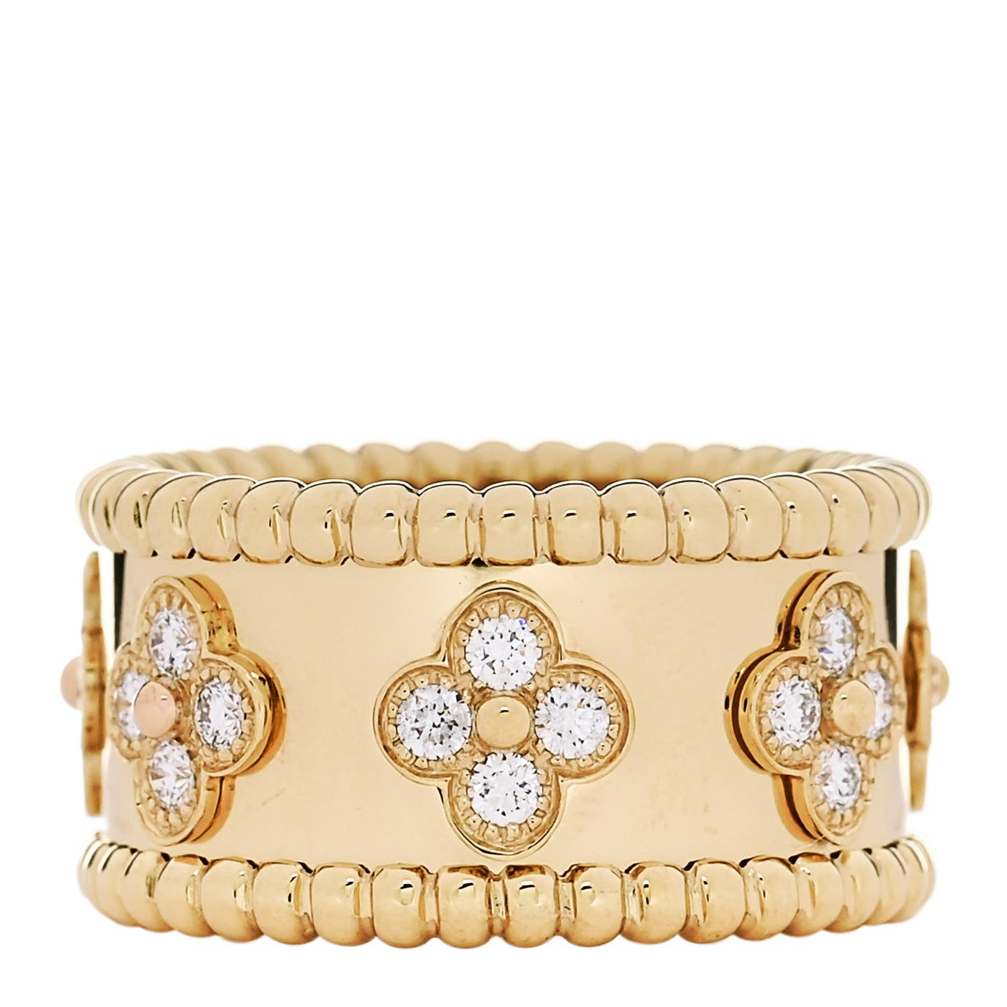 18K Yellow Gold Diamond Perlee Clovers Ring 50 5.5