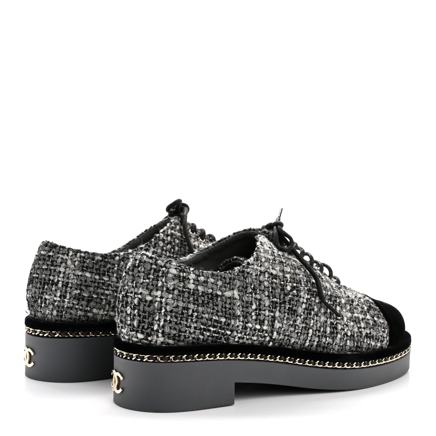Tweed Suede CC Lace Up Oxfords 38.5 Grey Black