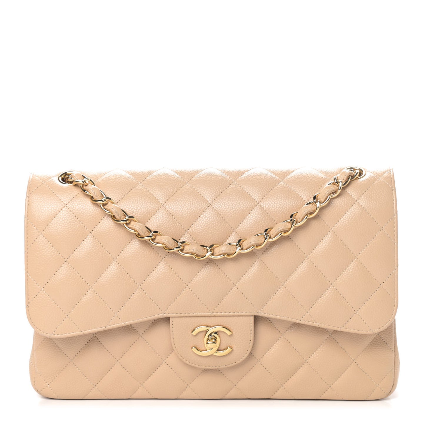 Caviar Quilted Jumbo Double Flap Beige Clair