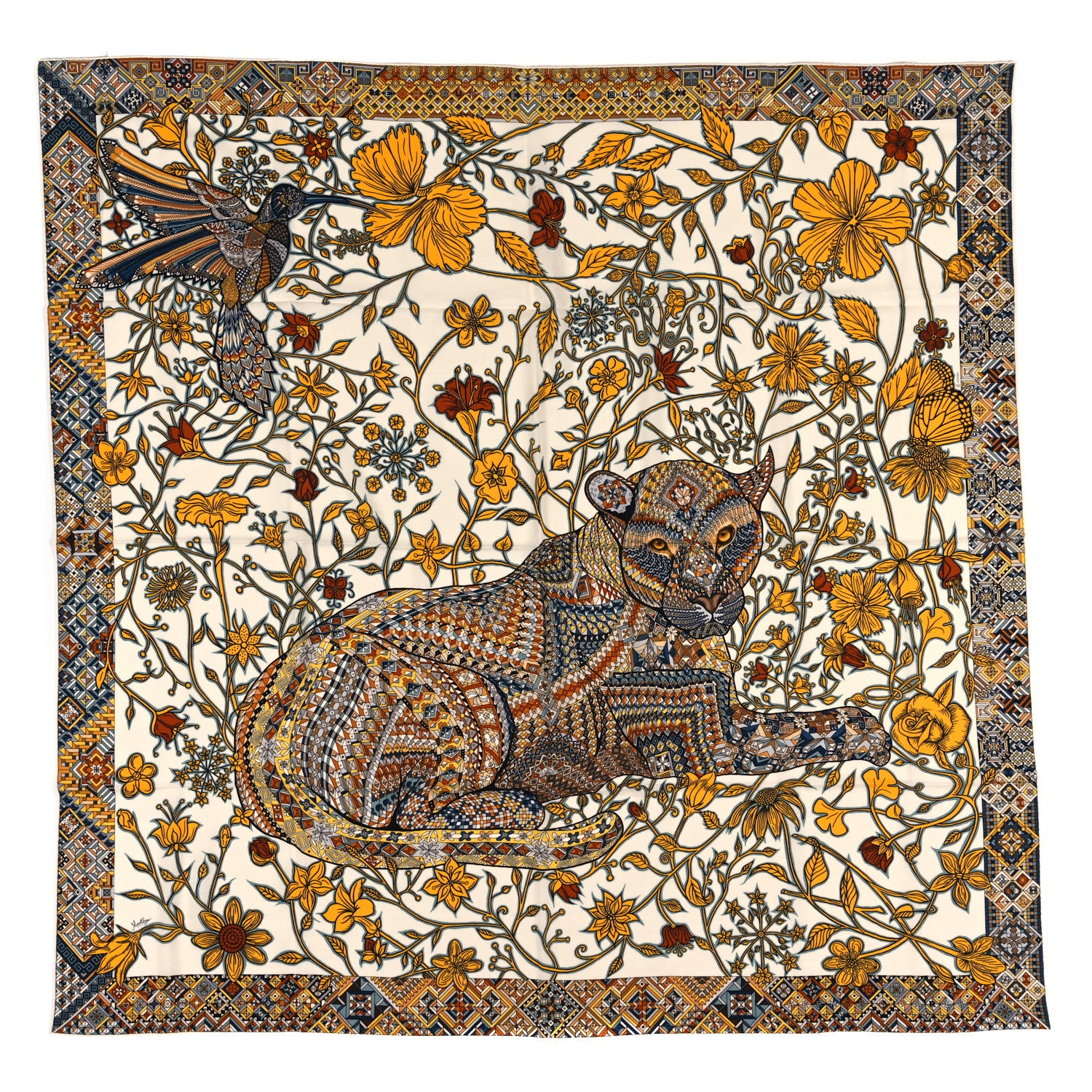 Hermes Cashmere Silk Le Jaguar Et Le Colibri Shawl 140 White Jaune D'or 1 of 3
