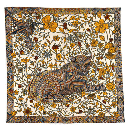 Hermes Cashmere Silk Le Jaguar Et Le Colibri Shawl 140 White Jaune D'or 1 of 3
