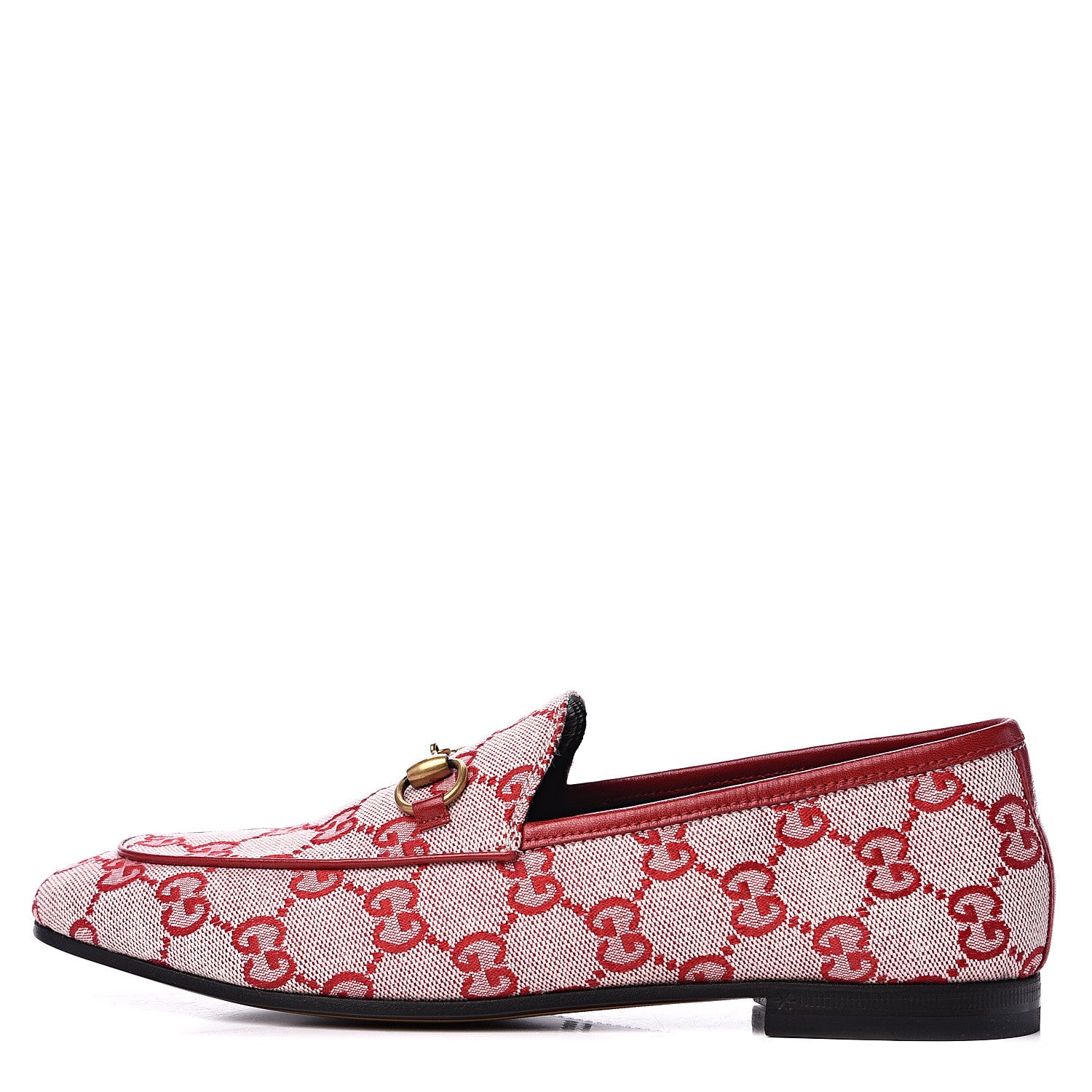 Gucci Canvas GG Monogram Horsebit Womens Jordaan Loafers 37 Gardenia Hibiscus Red 1 of 9
