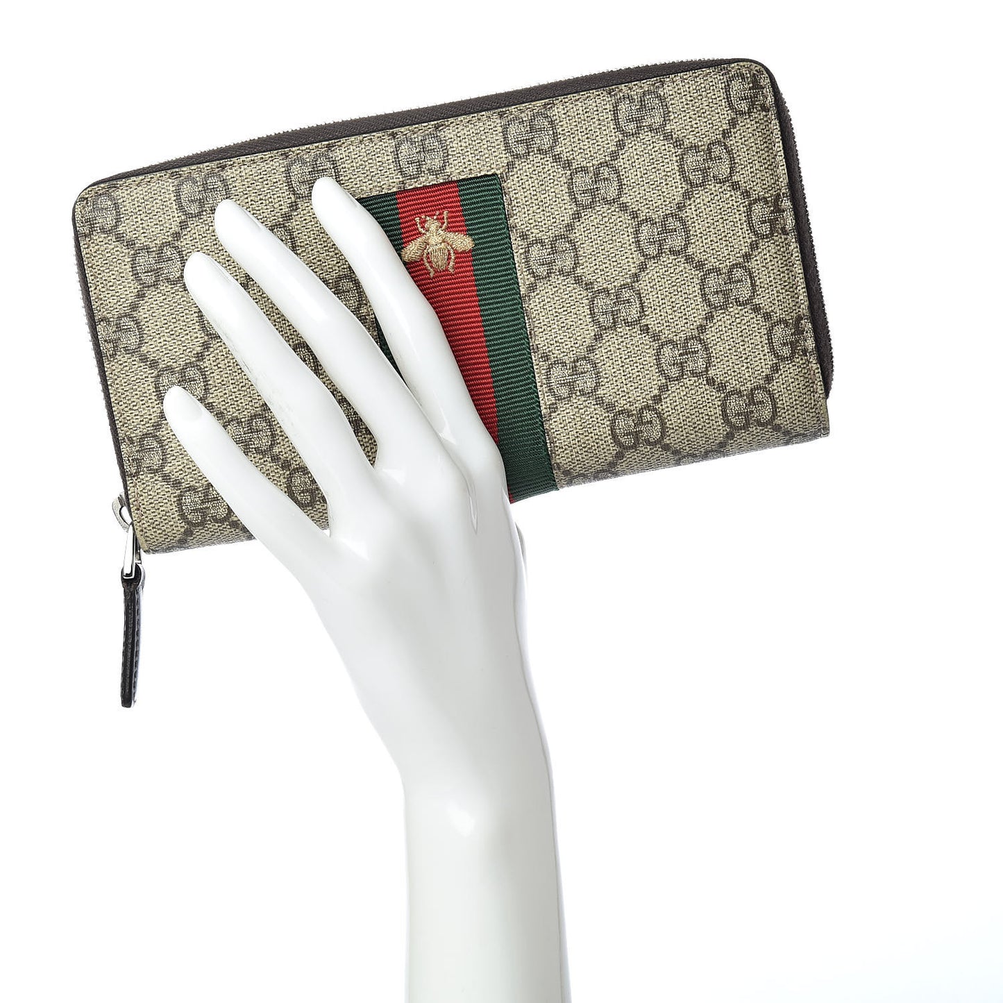 GG Supreme Monogram Web Bee Zip Around Wallet Beige Cocoa