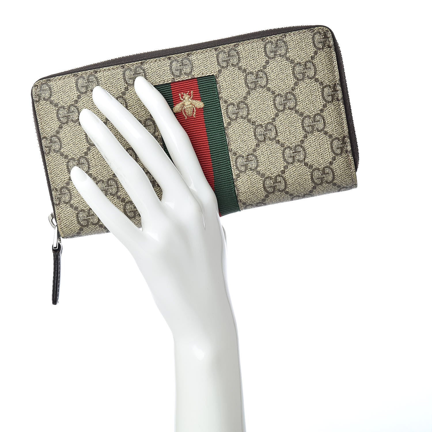 Gucci GG Supreme Monogram Web Bee Zip Around Wallet Beige Cocoa 2 of 10
