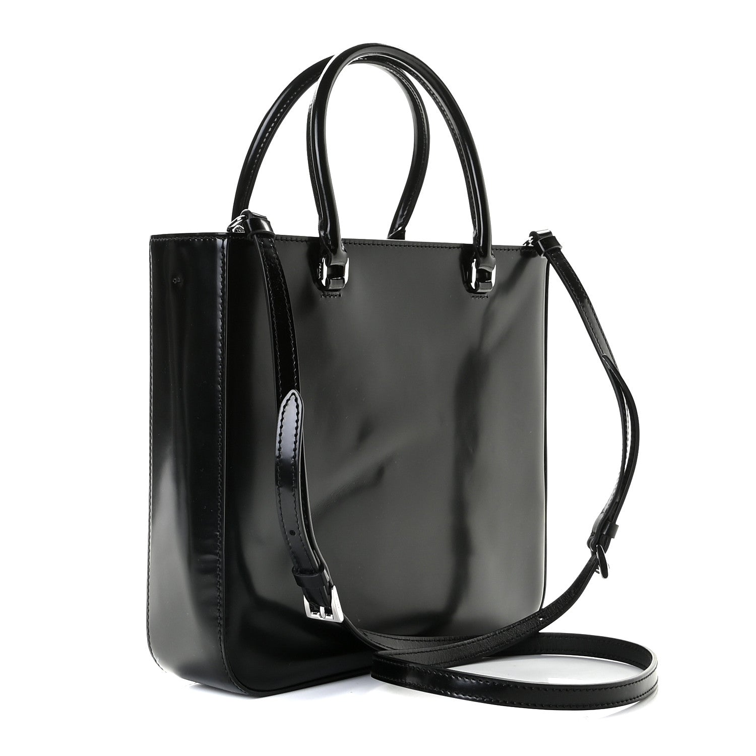 Prada Spazzolato Metal Triangle Logo Double Handle Crossbody Tote Black 2 of 10