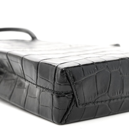 Balenciaga Calfskin Crocodile Embossed Logo Shopping Phone Holder Bag Black 8 of 9