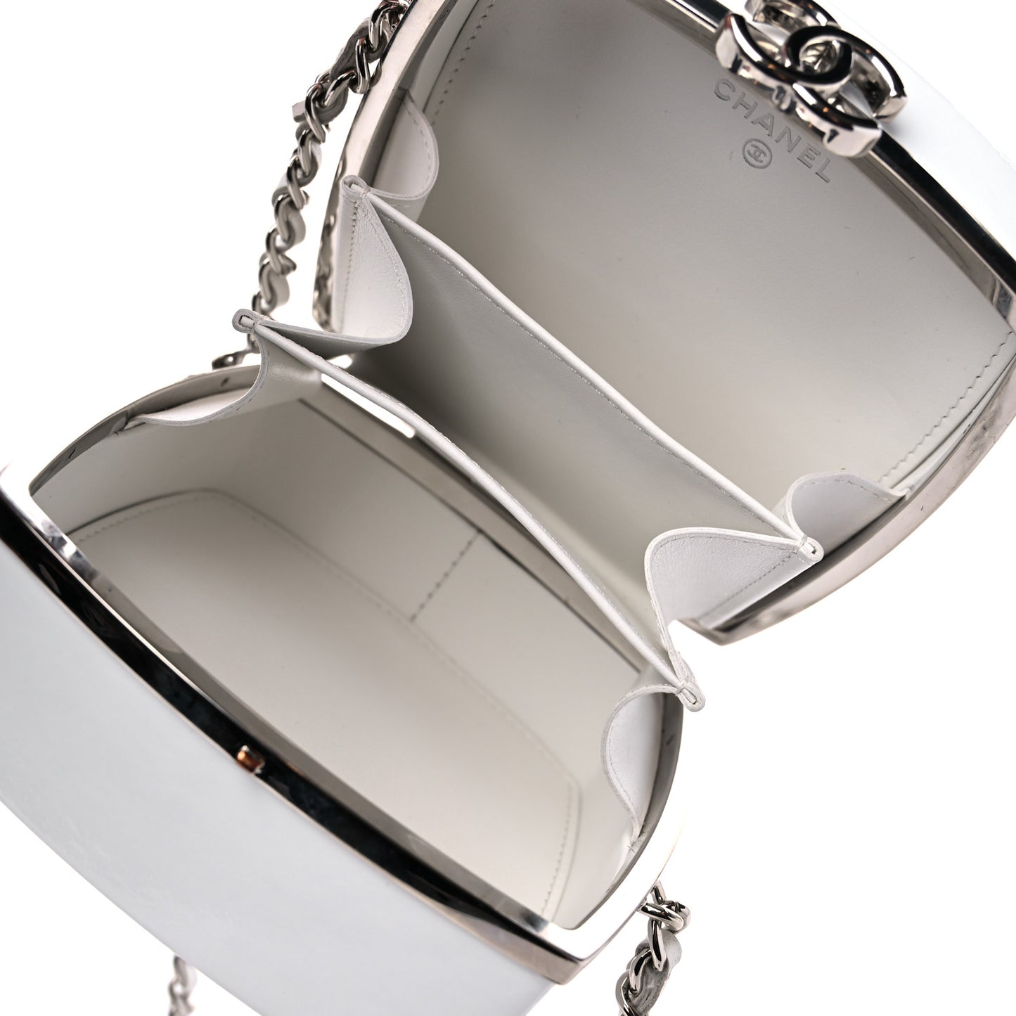 Patent Goatskin Quilted Clutch With Chain White