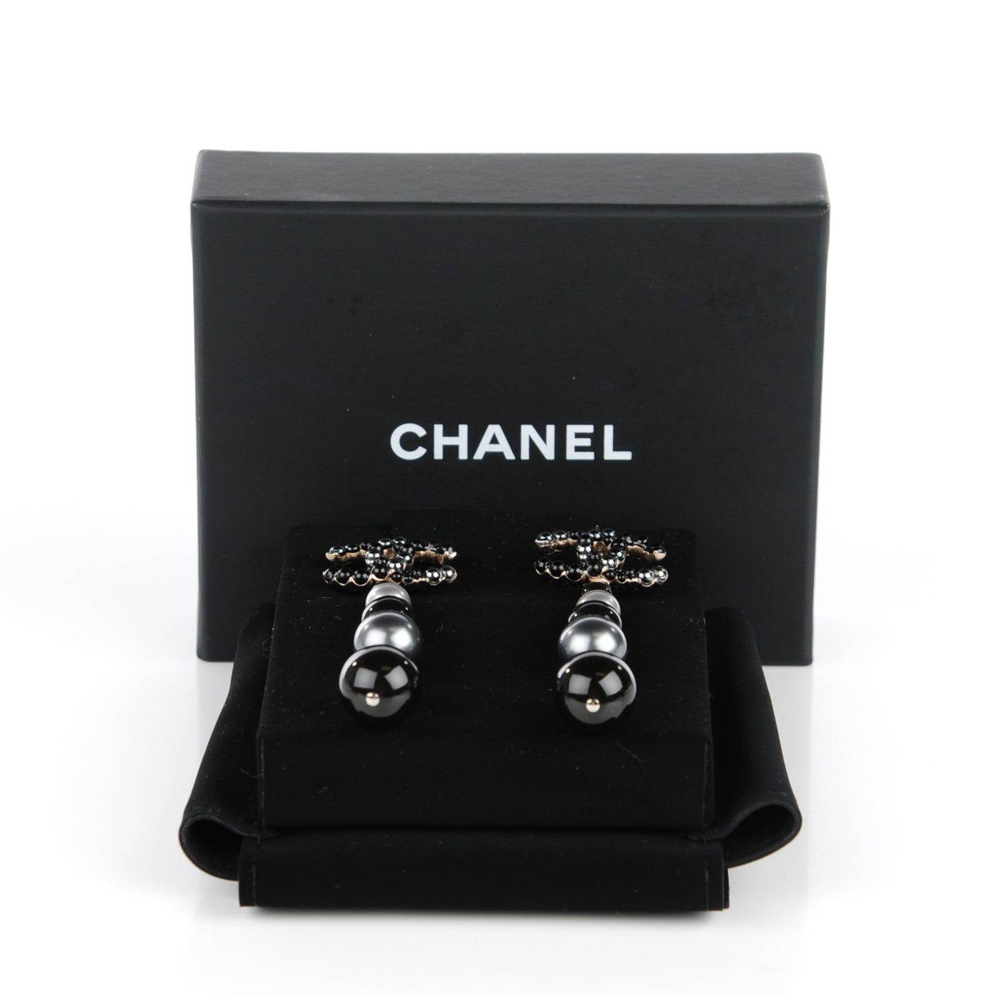 Pearl Bead CC Drop Earrings Grey Black