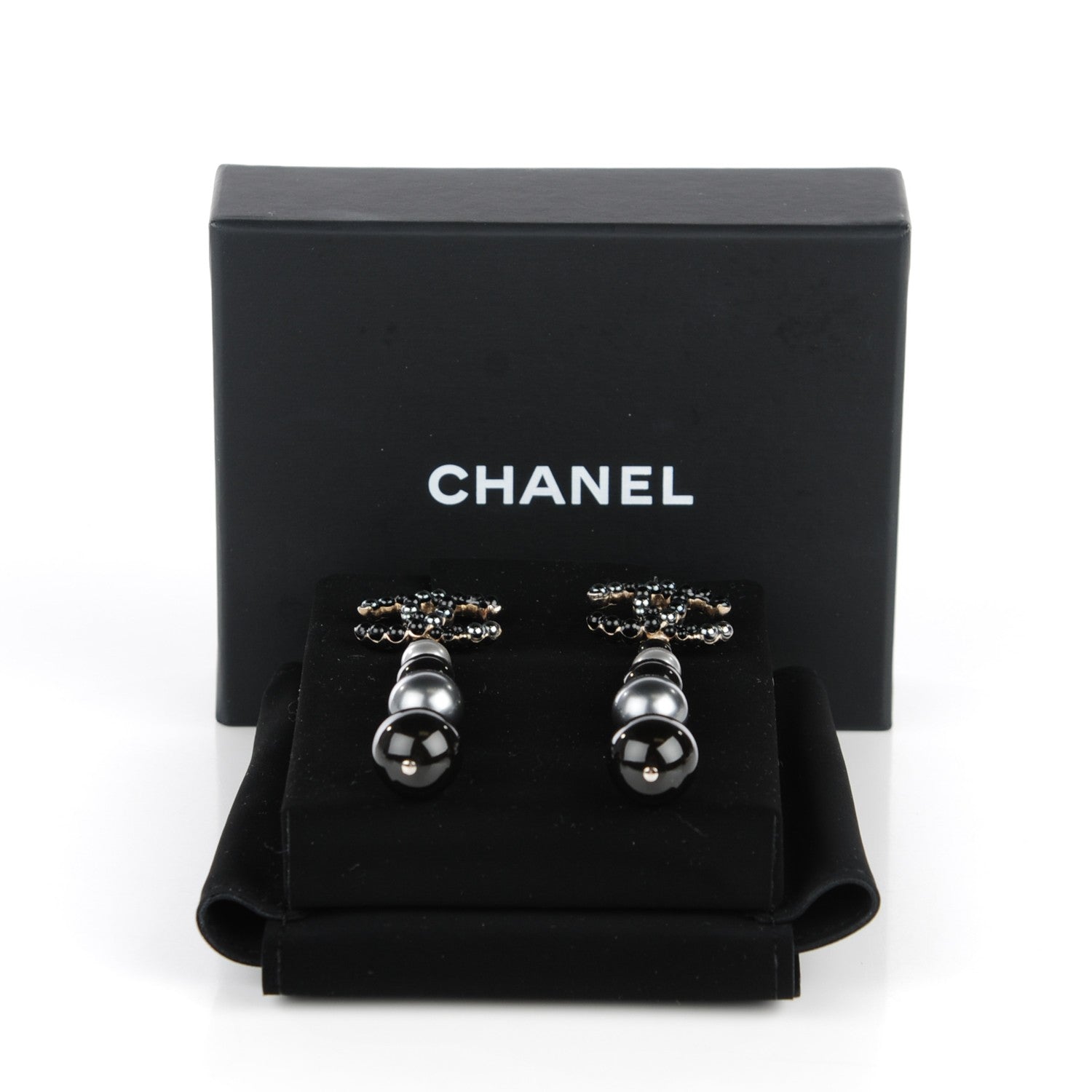 Chanel Pearl Bead CC Drop Earrings Grey Black 5 of 5