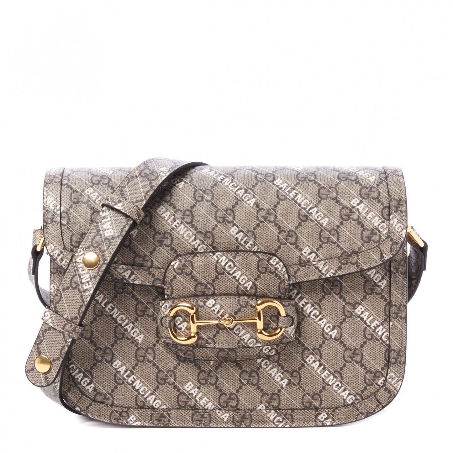 X BALENCIAGA GG Supreme Monogram Logo Print Horsebit 1955 Shoulder Bag Beige Ebony
