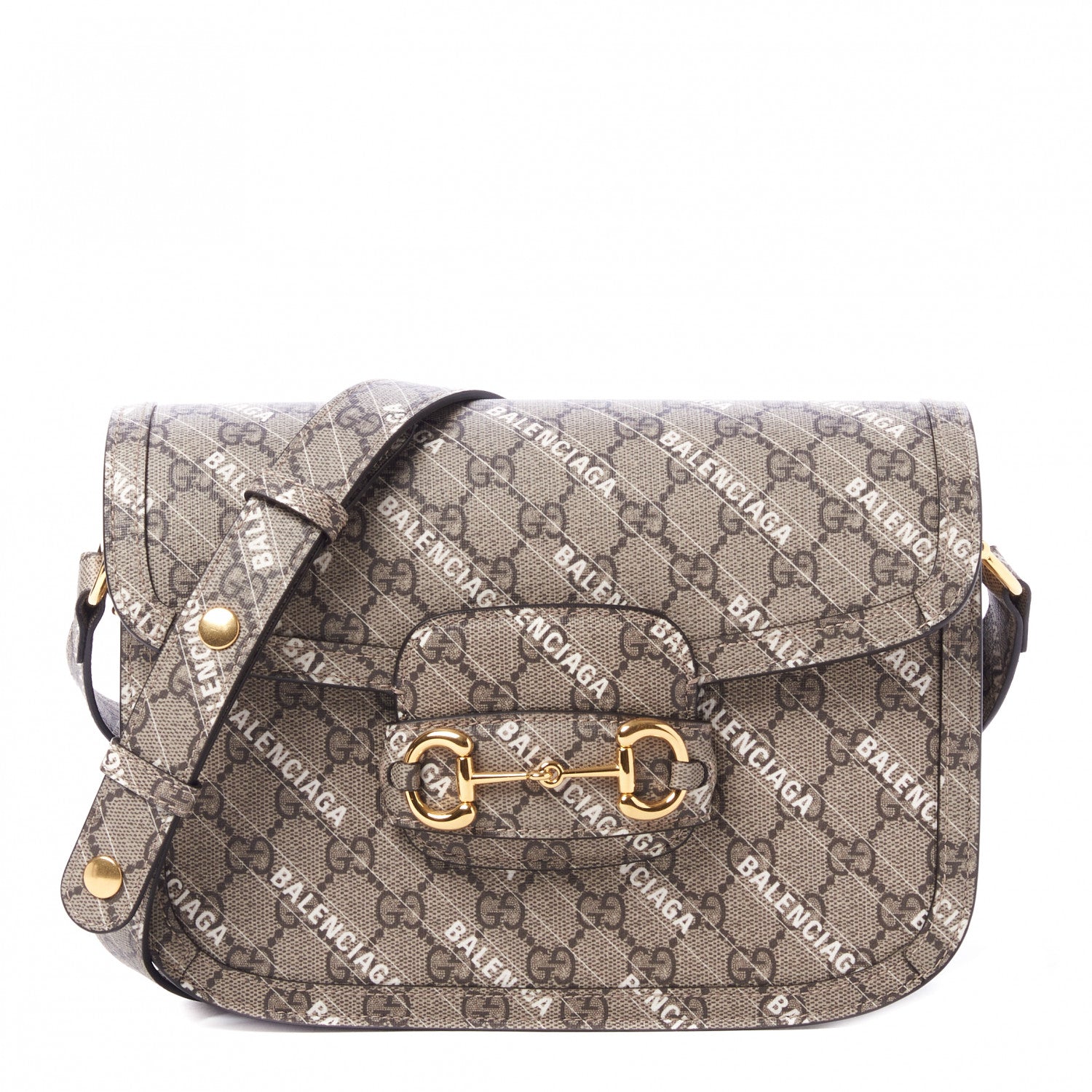 Gucci X BALENCIAGA GG Supreme Monogram Logo Print Horsebit 1955 Shoulder Bag Beige Ebony 1 of 8
