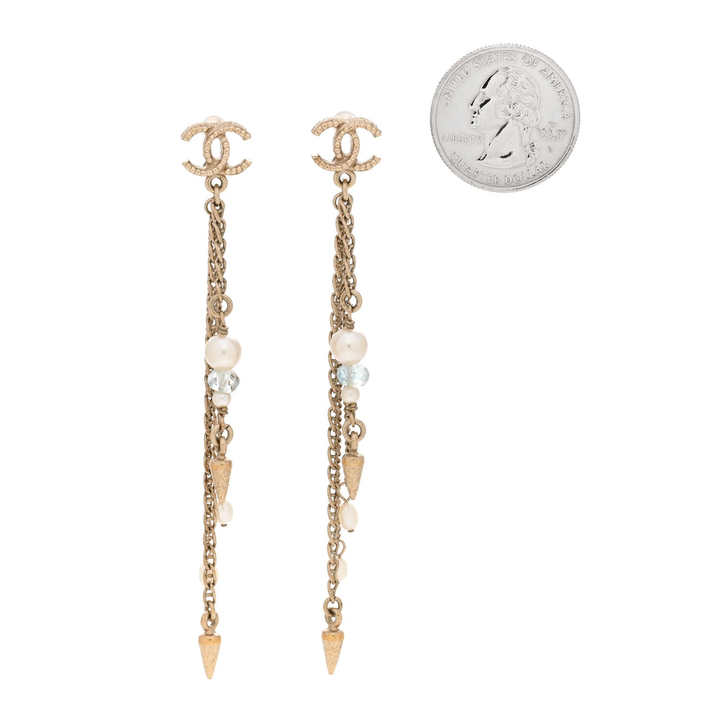 Chain Pearl CC Drop Earrings Light Gold