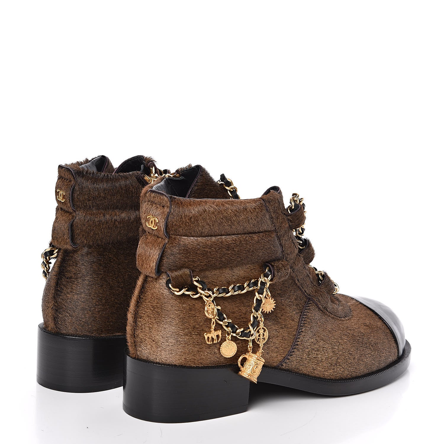 Chanel Calfskin Pony Hair CC Charm Chain Cap Toe Short Boots 37 Brown Black 4 of 8