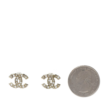 Chanel Pearl Crystal CC Stud Earrings Gold 2 of 6