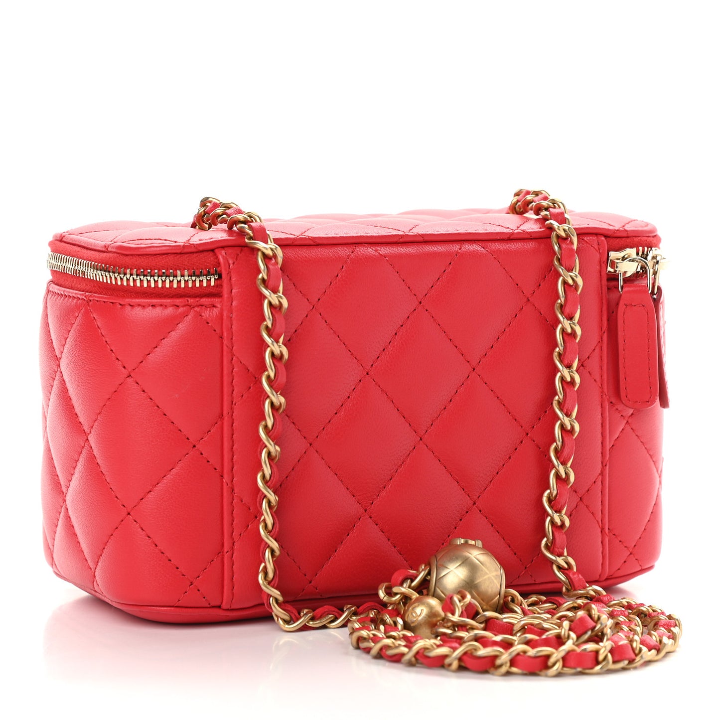 Lambskin Quilted Pearl Crush Small Vanity Case With Chain Red