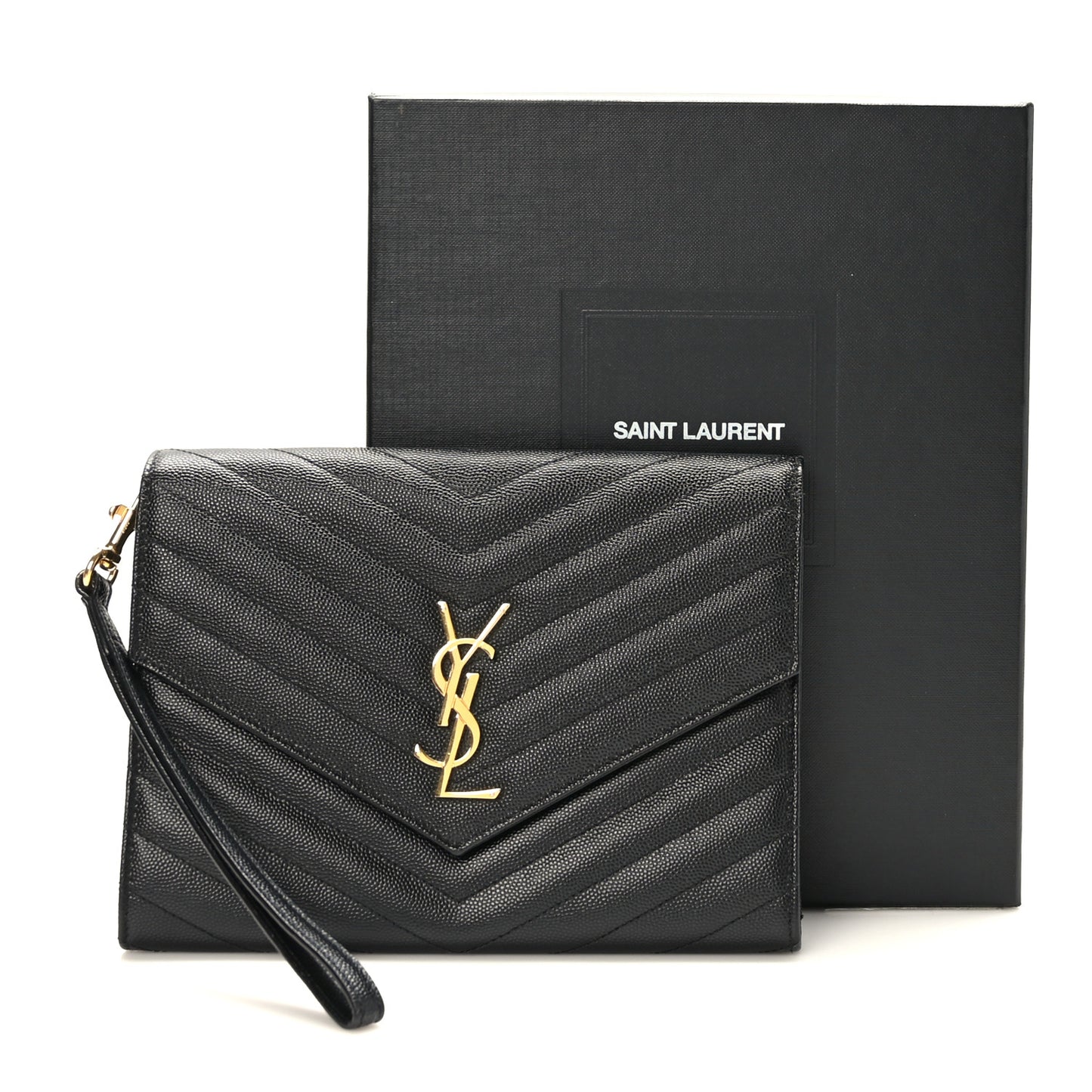 Grain De Poudre Matelasse Chevron Monogram Envelope Clutch Black