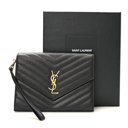 Saint Laurent Grain De Poudre Matelasse Chevron Monogram Envelope Clutch Black 8 of 8