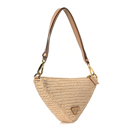 Prada Raffia Effect Crochet Metal Triangle Logo Mini Triangle Shoulder Bag Naturale 3 of 15