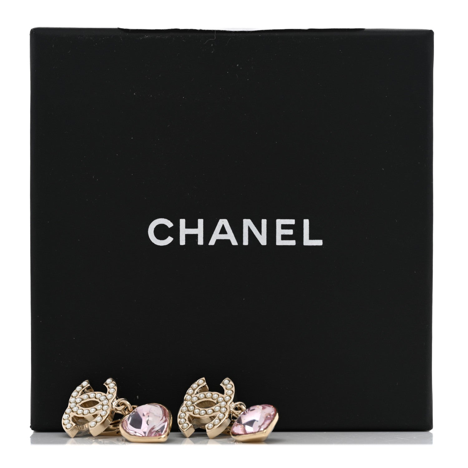 Chanel Crystal Pearl Heart CC Drop Earrings Pink Gold 5 of 5